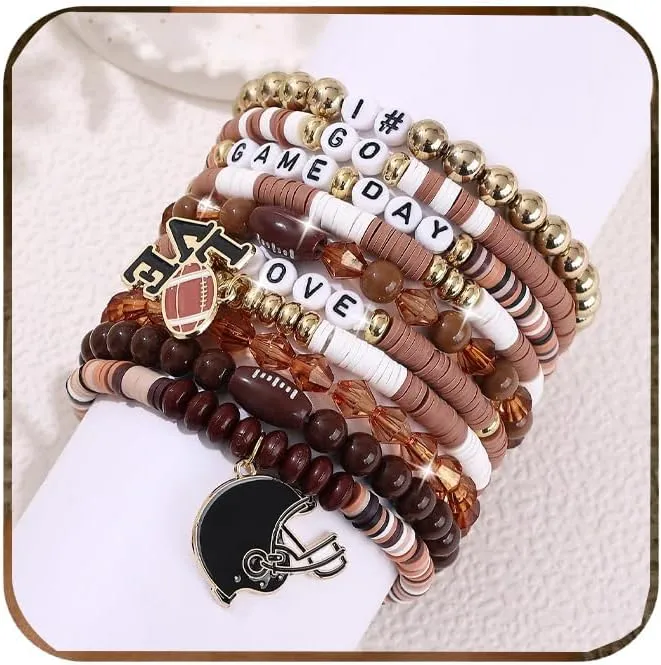 Football Bracelets for Women Game Day Bracelets for Women Beaded Sports Bracelets Clay Heishi Stackable Stretch Bracelets Set Game Day Outfits Accessories Football Bracelets Bulk Football Jewelry
