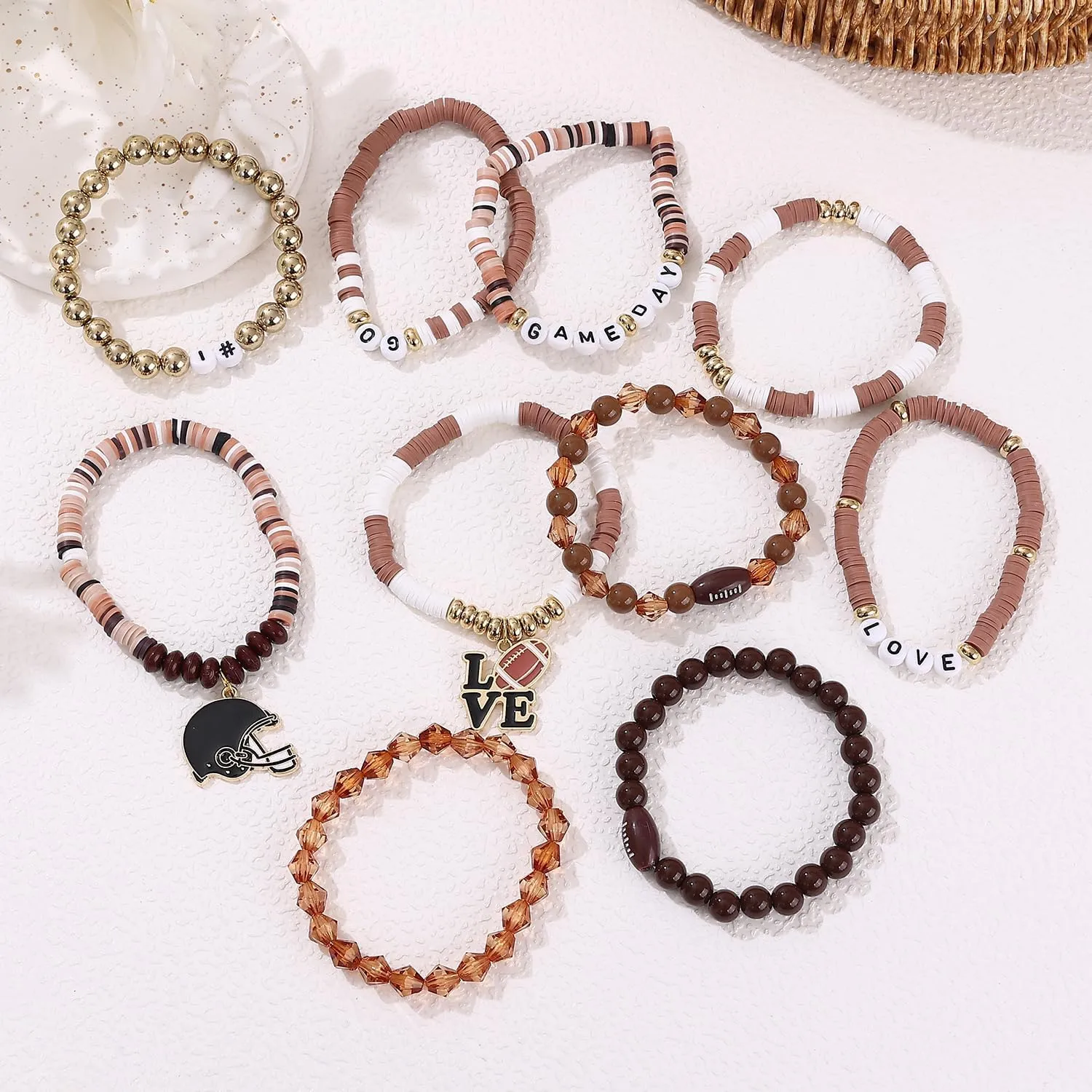 Football Bracelets for Women Game Day Bracelets for Women Beaded Sports Bracelets Clay Heishi Stackable Stretch Bracelets Set Game Day Outfits Accessories Football Bracelets Bulk Football Jewelry