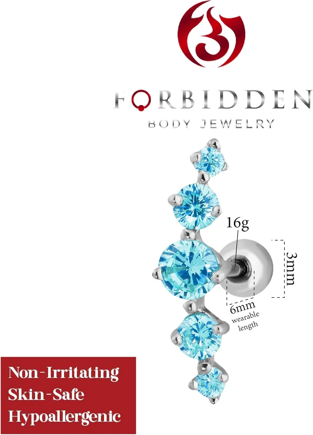 Forbidden Body Jewelry 16g 6mm Surgical Steel 5-Gem Curved CZ Crystal Cartilage Stud Earring