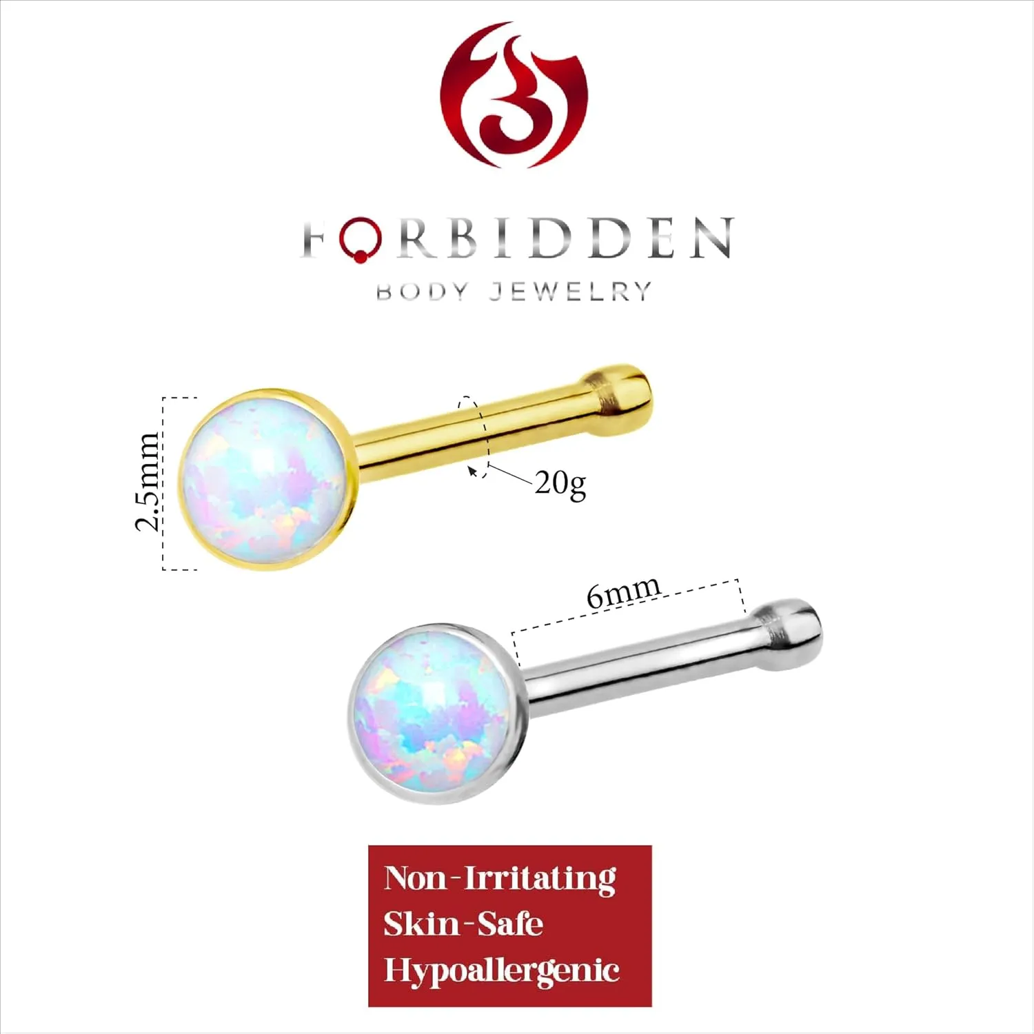 Forbidden Body Jewelry 20g 6mm Surgical Steel, Gold IP Plated & Rose Gold IP Plated Synthetic Opal Top Nose Stud
