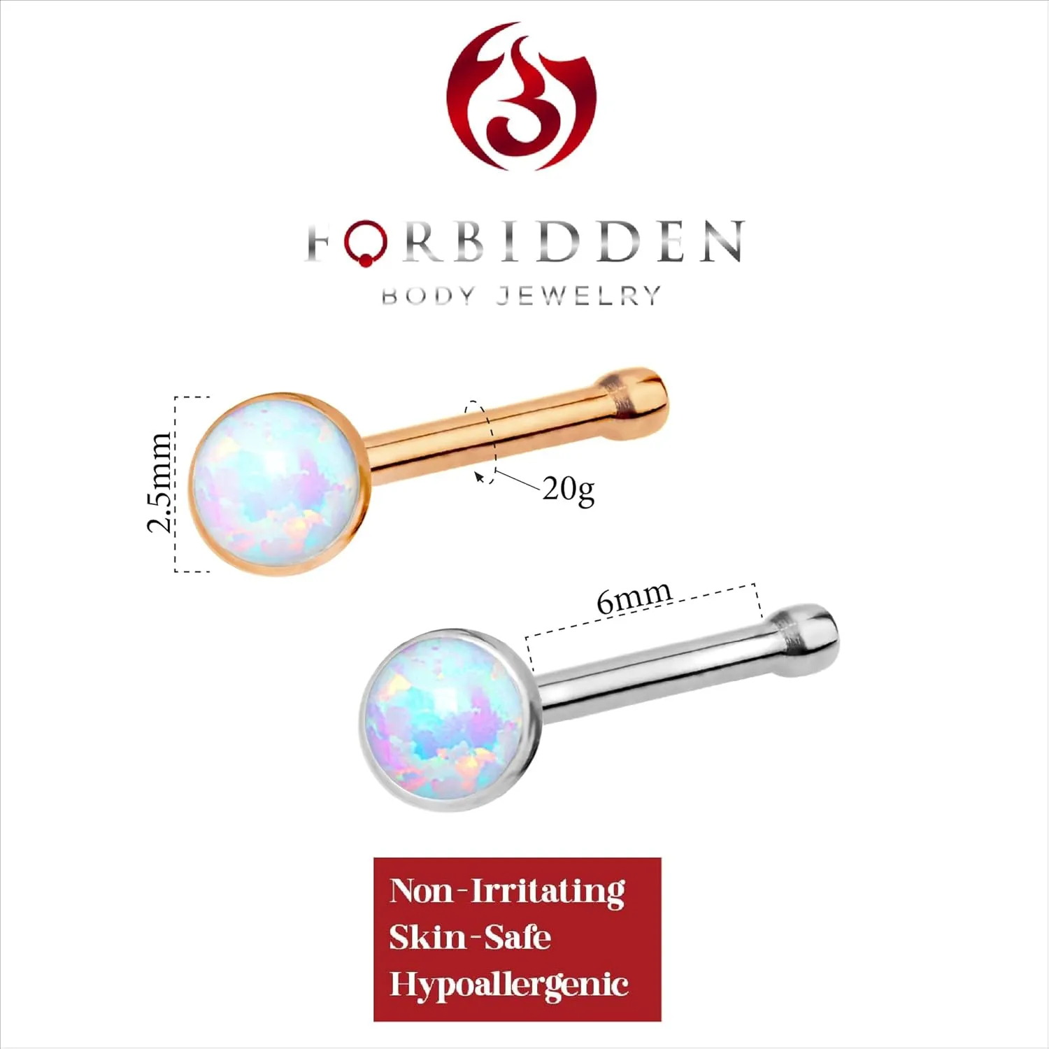 Forbidden Body Jewelry 20g 6mm Surgical Steel, Gold IP Plated & Rose Gold IP Plated Synthetic Opal Top Nose Stud