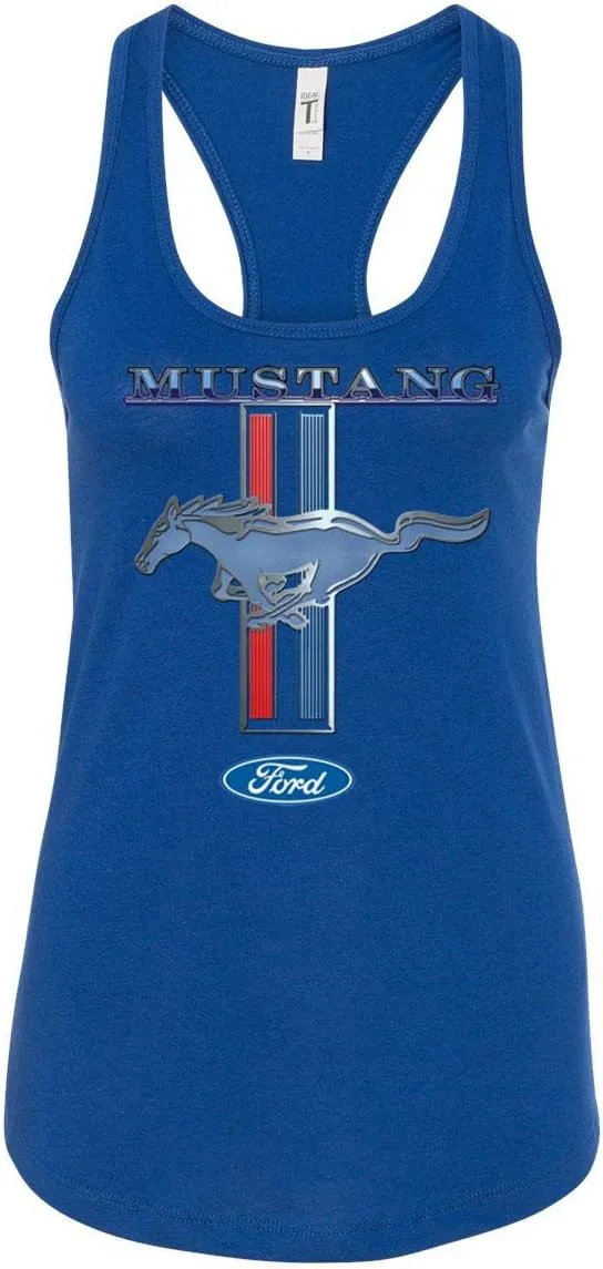 Ford Mustang Pony and Stripes Ladies Racerback Tank Top Women Lady Car Auto Automobile Racing
