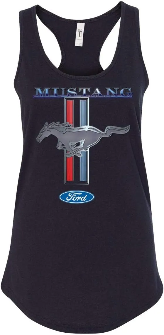 Ford Mustang Pony and Stripes Ladies Racerback Tank Top Women Lady Car Auto Automobile Racing
