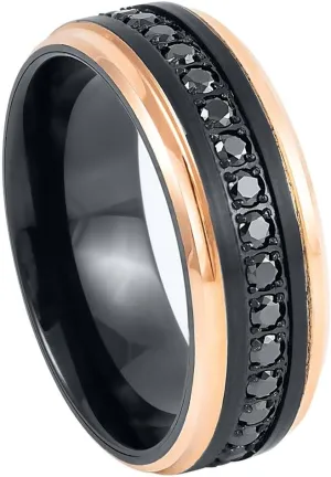Free Personalized laser engraving Ring for Men and Ring for Women Black IP Plated Rose Gold IP Edges Black CZ Round Cut Eternity  8mm Wedding Band Ring Ideal Rings for Couples