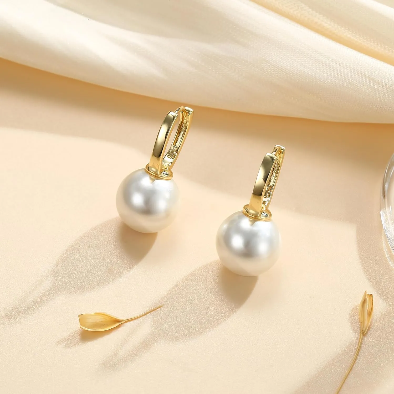 FUNRUN JEWELRY 14K Gold Pearl Earrings for Women Gold Bow Earrings Dainty Dangle Earrings for Women Pearl Bow Earrings Dangling Wedding Pearl Drop Earrings Jewelry