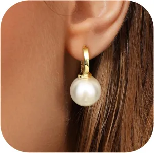 FUNRUN JEWELRY 14K Gold Pearl Earrings for Women Gold Bow Earrings Dainty Dangle Earrings for Women Pearl Bow Earrings Dangling Wedding Pearl Drop Earrings Jewelry
