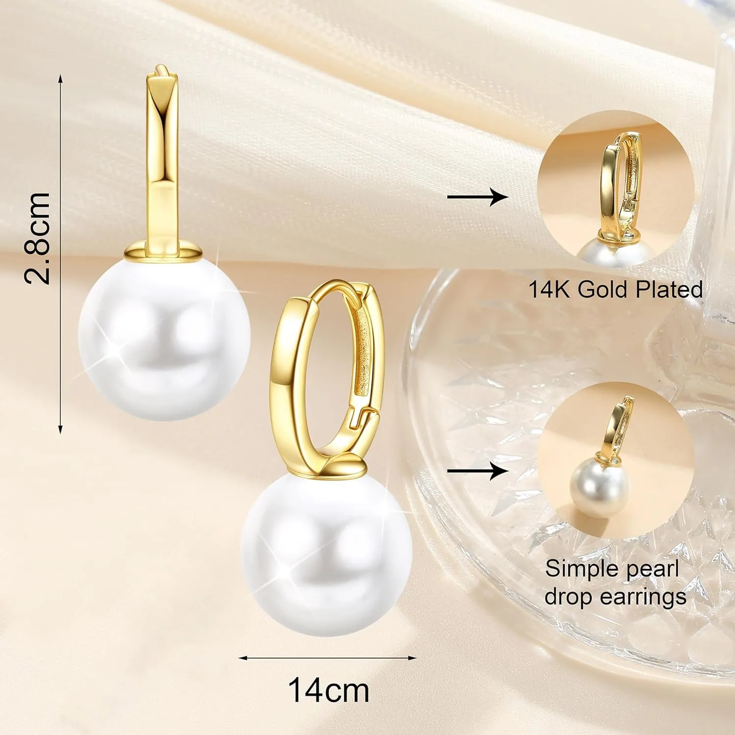 FUNRUN JEWELRY 14K Gold Pearl Earrings for Women Gold Bow Earrings Dainty Dangle Earrings for Women Pearl Bow Earrings Dangling Wedding Pearl Drop Earrings Jewelry