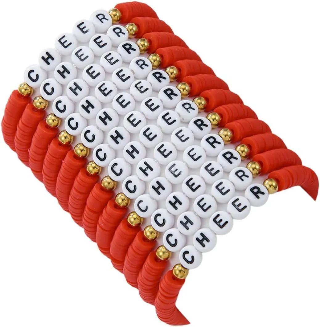 Fuqimanman2020 12Pcs Polymer Clay CHEER Stretch Bracelets Multicolor Friendship Cheerleader Bracelets for Team Cheer