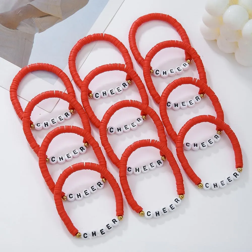 Fuqimanman2020 12Pcs Polymer Clay CHEER Stretch Bracelets Multicolor Friendship Cheerleader Bracelets for Team Cheer