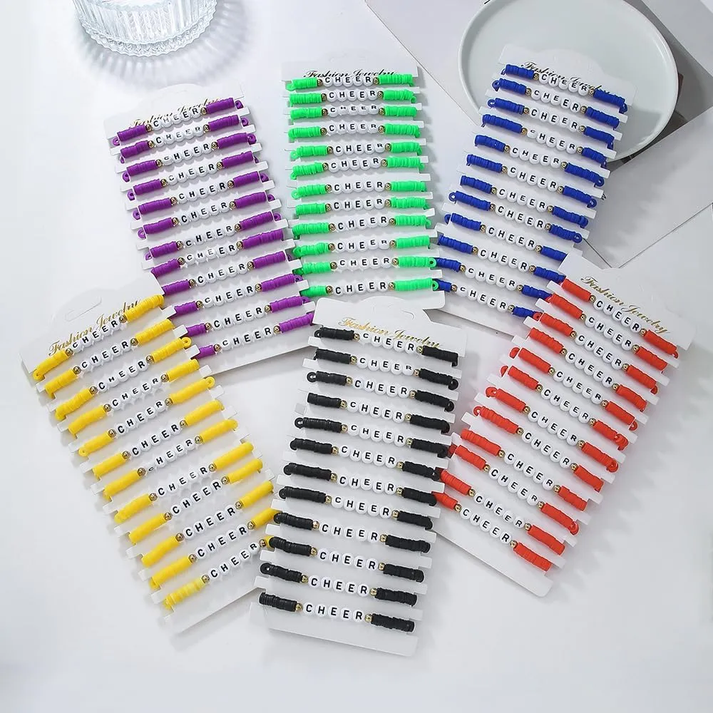 Fuqimanman2020 12Pcs Polymer Clay CHEER Stretch Bracelets Multicolor Friendship Cheerleader Bracelets for Team Cheer