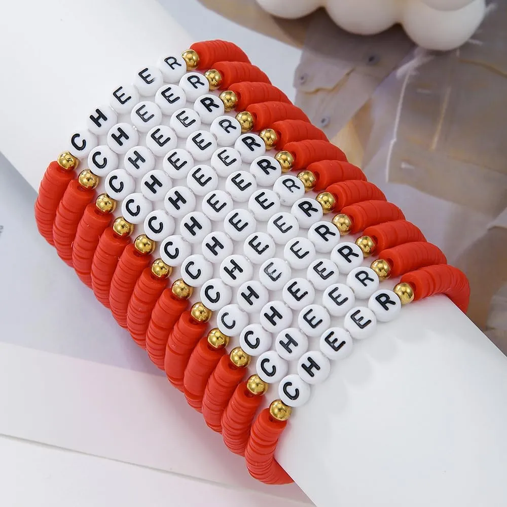 Fuqimanman2020 12Pcs Polymer Clay CHEER Stretch Bracelets Multicolor Friendship Cheerleader Bracelets for Team Cheer