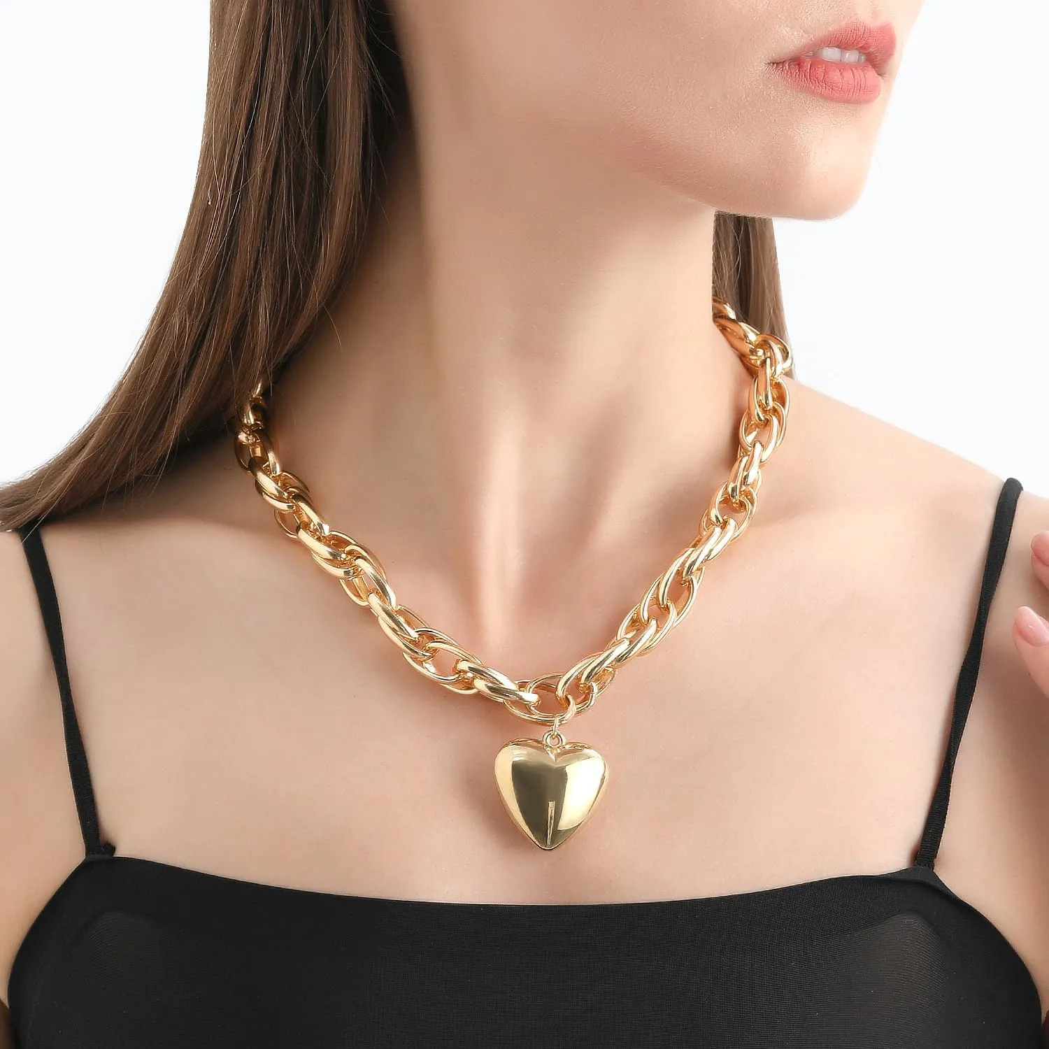 FUTIMELY Chunky Gold Heart Pendant Necklaces,14K Gold Punk Puffy Love Thick Chain Choker Necklaces, Charm Statement Jewelry Gifts for Women Teen Girls
