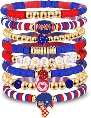 Game Day Bracelets for Women Football Bracelets Stackable Heishi Clay Beaded Stretch Bracelets Charm Sports Fan Charm Bracelet Bangles Football Mom Accessories Jewelry Gifts