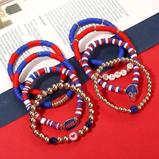 Game Day Bracelets for Women Football Bracelets Stackable Heishi Clay Beaded Stretch Bracelets Charm Sports Fan Charm Bracelet Bangles Football Mom Accessories Jewelry Gifts