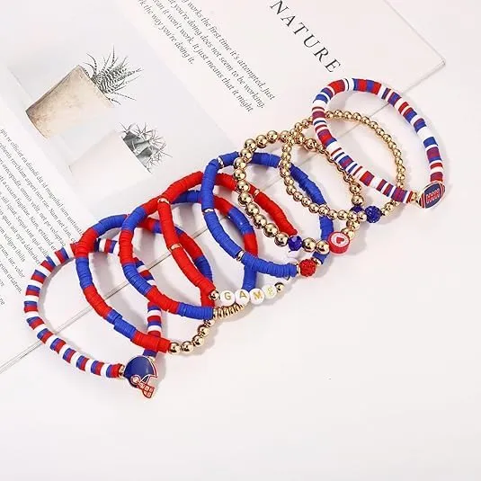 Game Day Bracelets for Women Football Bracelets Stackable Heishi Clay Beaded Stretch Bracelets Charm Sports Fan Charm Bracelet Bangles Football Mom Accessories Jewelry Gifts