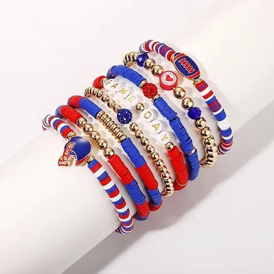 Game Day Bracelets for Women Football Bracelets Stackable Heishi Clay Beaded Stretch Bracelets Charm Sports Fan Charm Bracelet Bangles Football Mom Accessories Jewelry Gifts