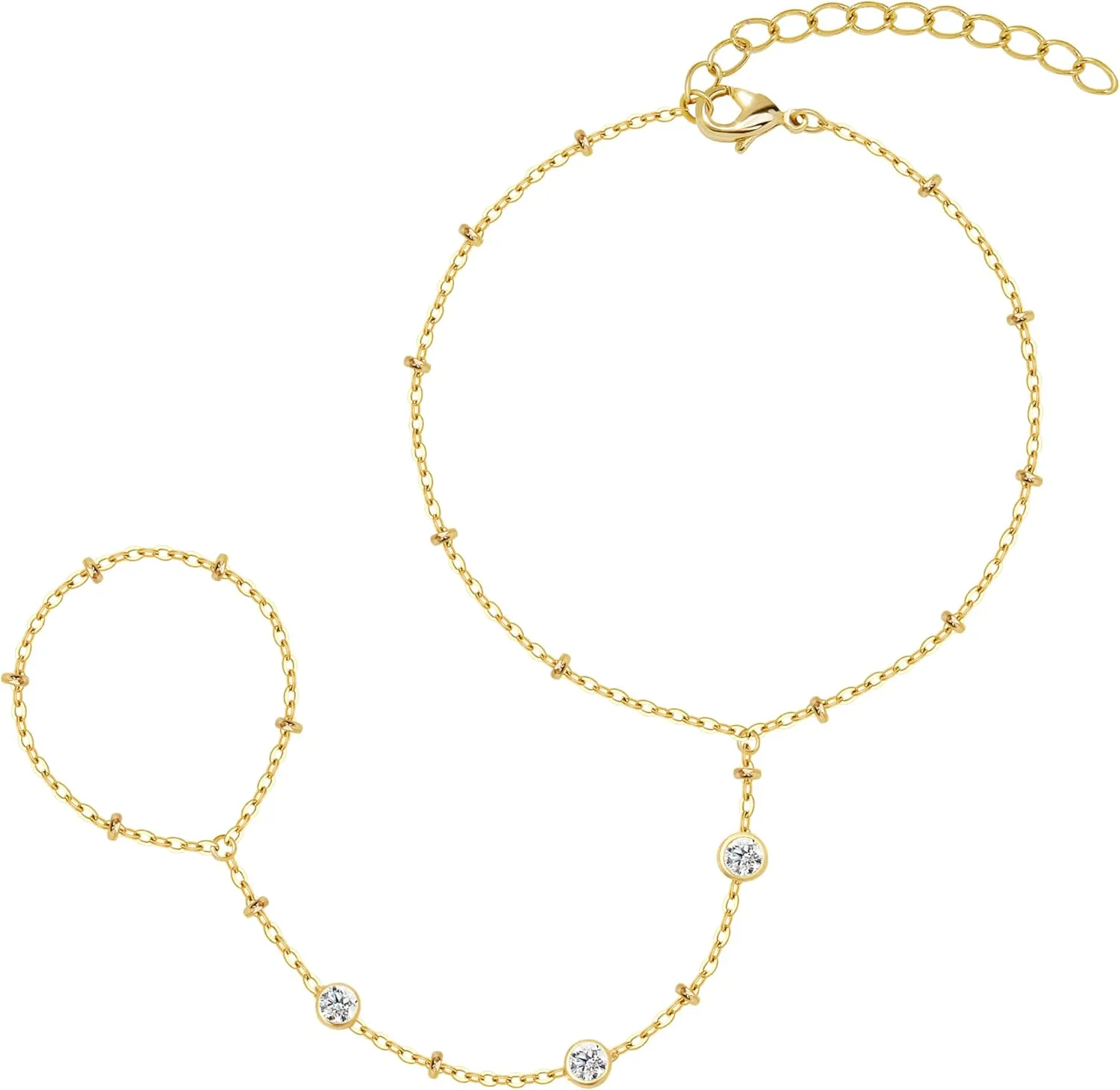 gelbesty Hand Chain Bracelets for Women, 14K Real Gold CZ Diamond Bezel Beaded Bracelets, Dainty Adjustable Bracelets for Women Trendy Waterproof, Jewelry Gifts for Women