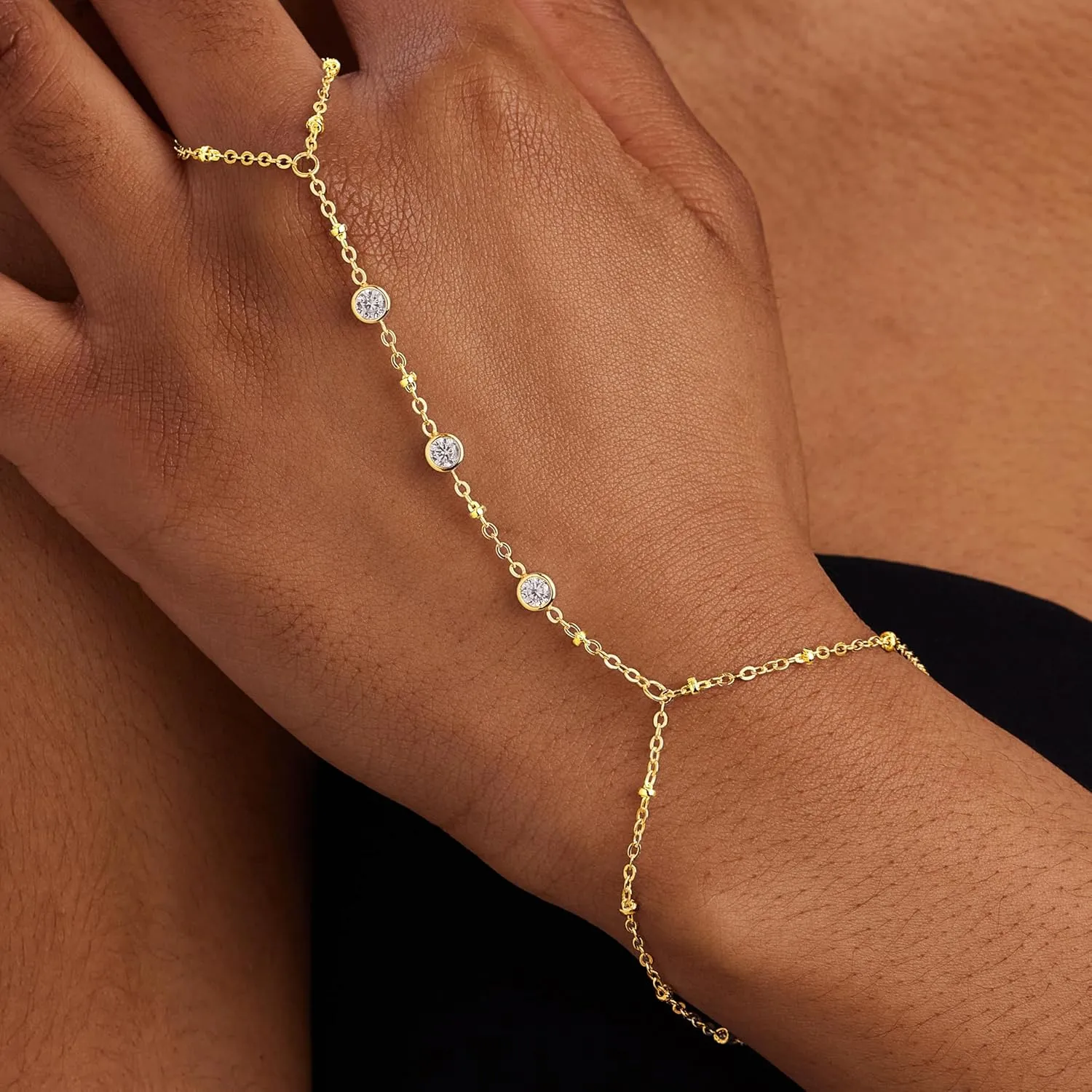 gelbesty Hand Chain Bracelets for Women, 14K Real Gold CZ Diamond Bezel Beaded Bracelets, Dainty Adjustable Bracelets for Women Trendy Waterproof, Jewelry Gifts for Women