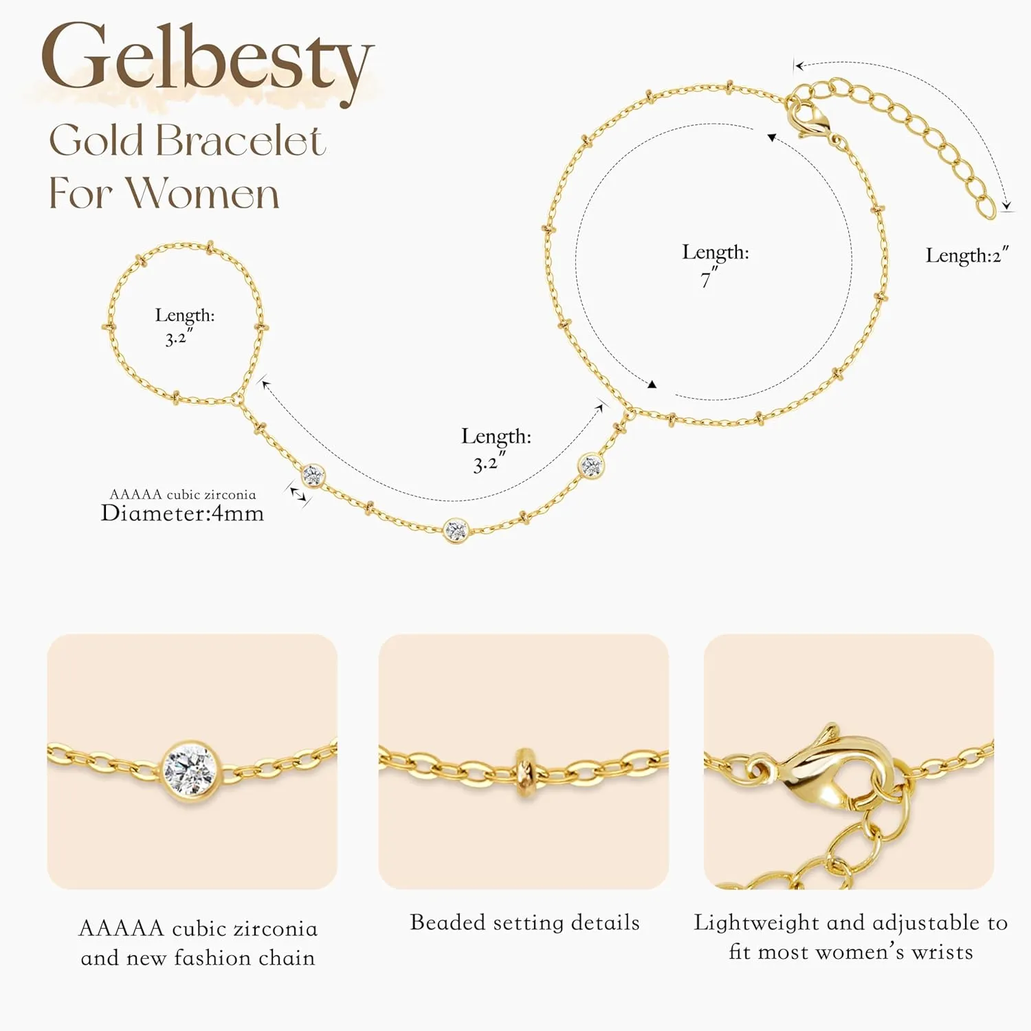 gelbesty Hand Chain Bracelets for Women, 14K Real Gold CZ Diamond Bezel Beaded Bracelets, Dainty Adjustable Bracelets for Women Trendy Waterproof, Jewelry Gifts for Women