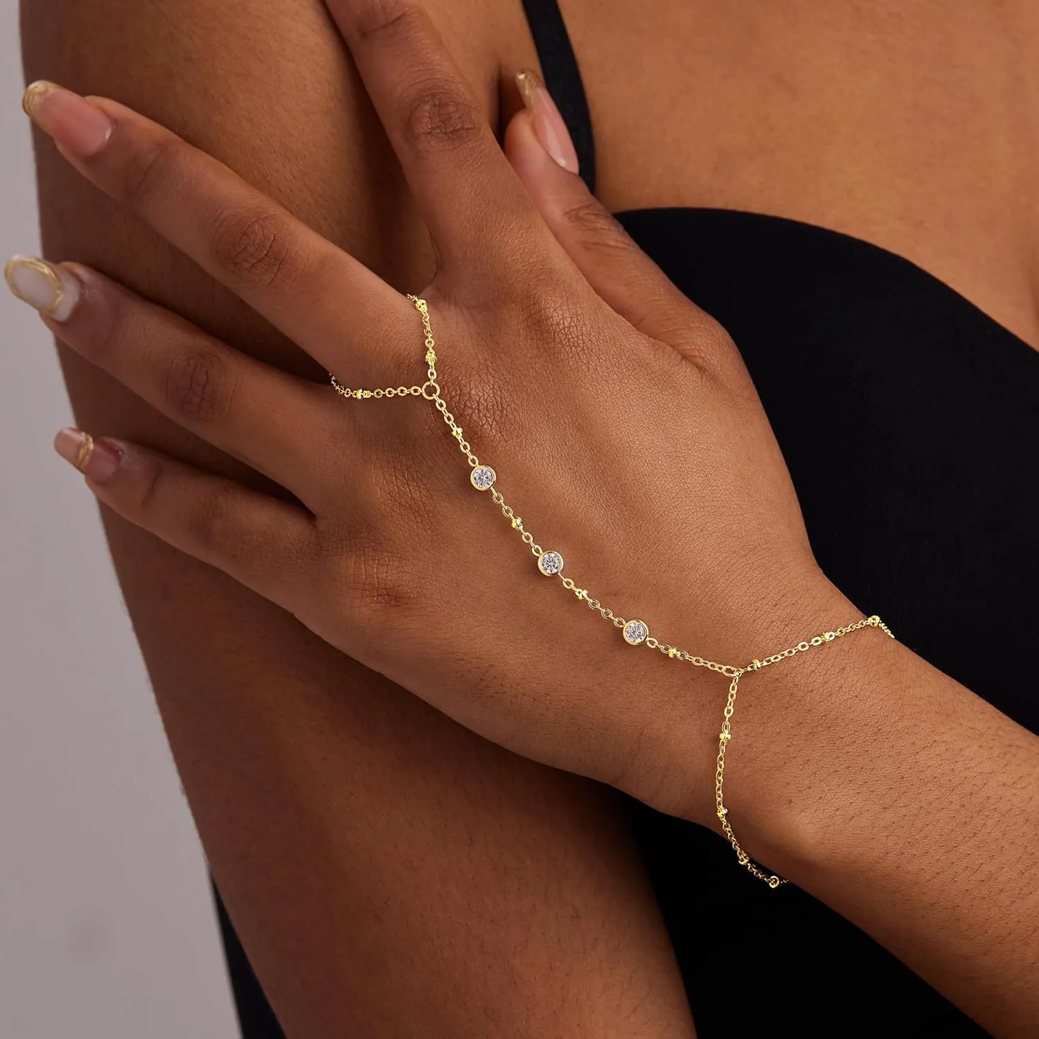 gelbesty Hand Chain Bracelets for Women, 14K Real Gold CZ Diamond Bezel Beaded Bracelets, Dainty Adjustable Bracelets for Women Trendy Waterproof, Jewelry Gifts for Women