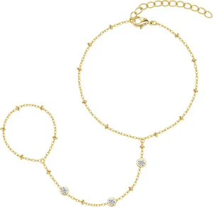 gelbesty Hand Chain Bracelets for Women, 14K Real Gold CZ Diamond Bezel Beaded Bracelets, Dainty Adjustable Bracelets for Women Trendy Waterproof, Jewelry Gifts for Women