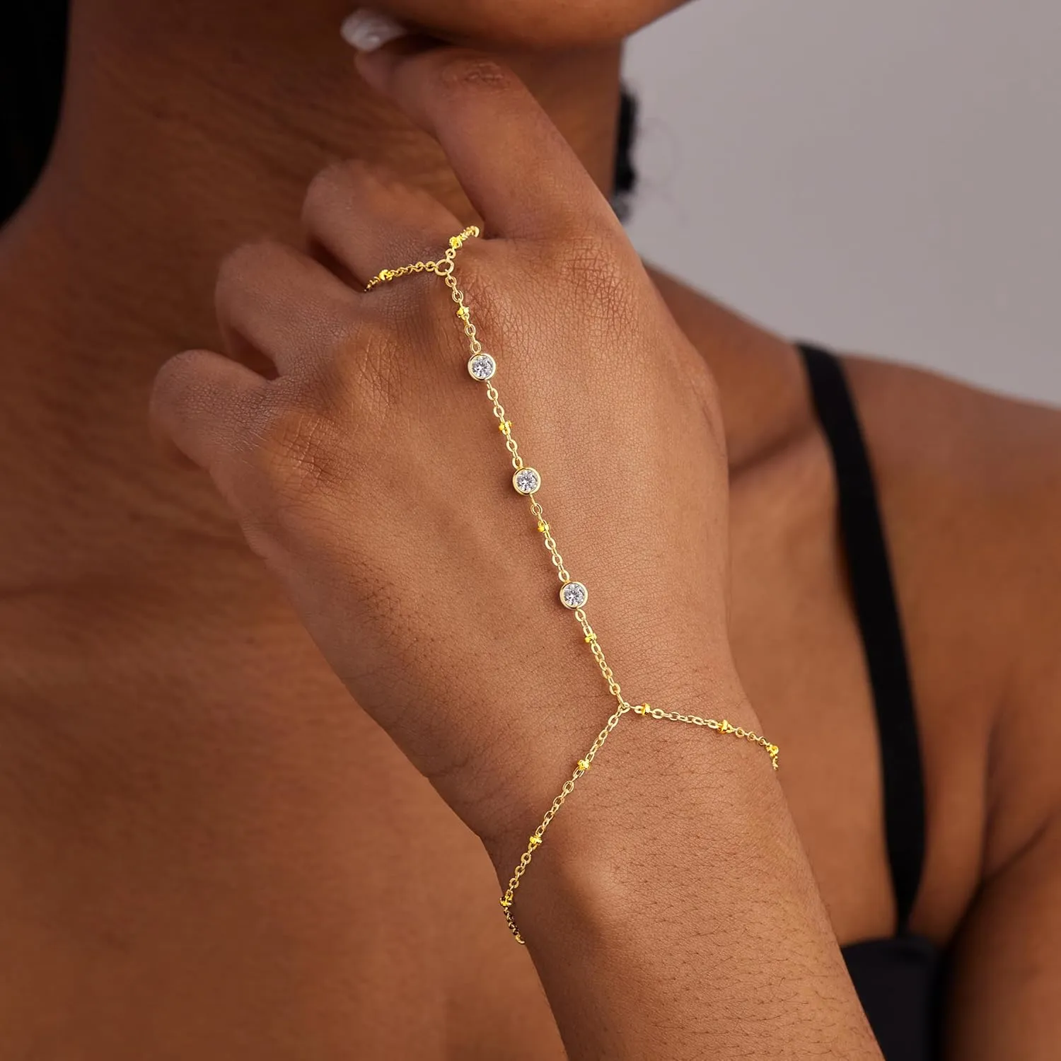 gelbesty Hand Chain Bracelets for Women, 14K Real Gold CZ Diamond Bezel Beaded Bracelets, Dainty Adjustable Bracelets for Women Trendy Waterproof, Jewelry Gifts for Women