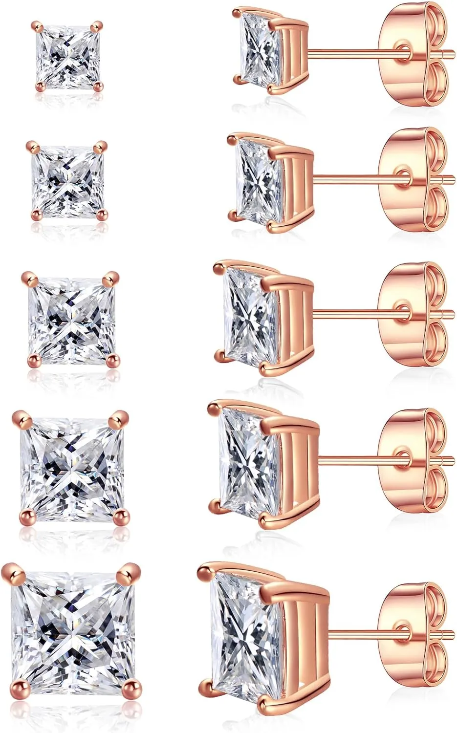 Gemsme 5 Pairs Princess Cut Cubic Zirconia Stud Earrings for Women/Men - 18K Gold Plated Hypoallergenic 3-7mm Square Clear CZ Earring Set