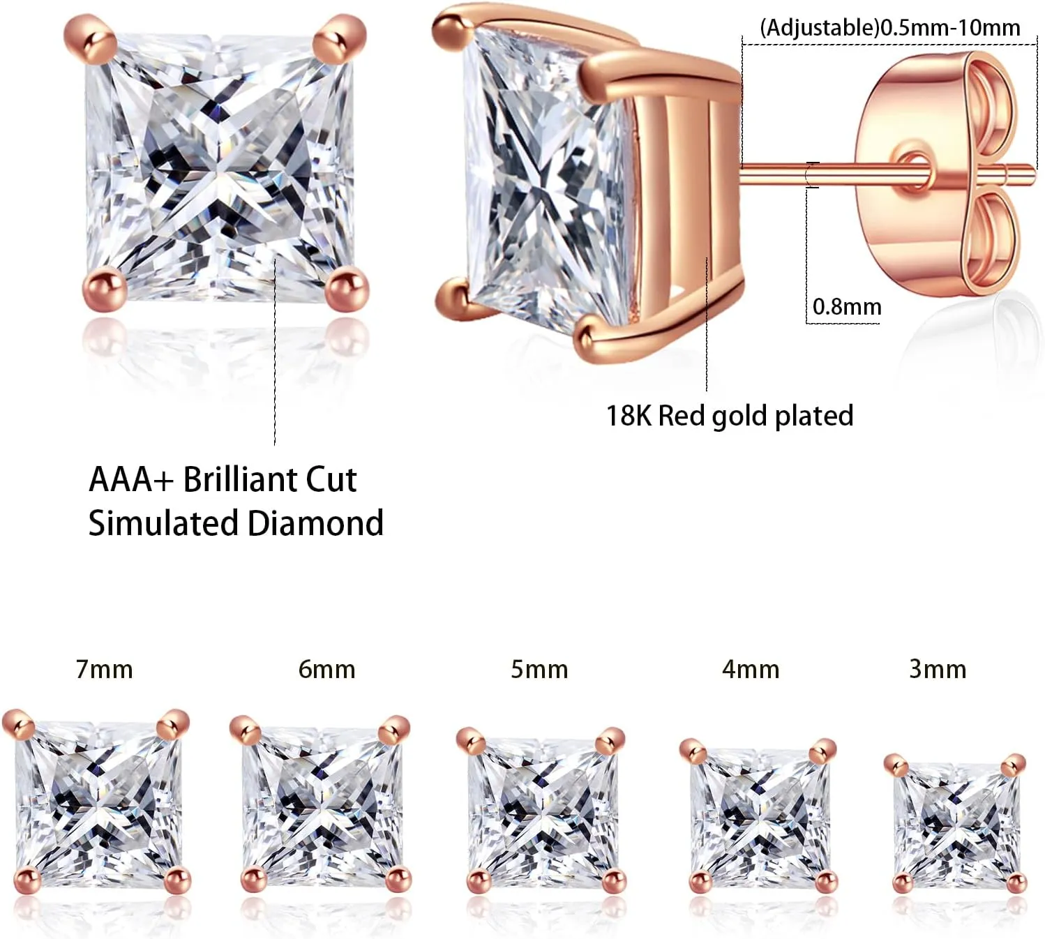 Gemsme 5 Pairs Princess Cut Cubic Zirconia Stud Earrings for Women/Men - 18K Gold Plated Hypoallergenic 3-7mm Square Clear CZ Earring Set
