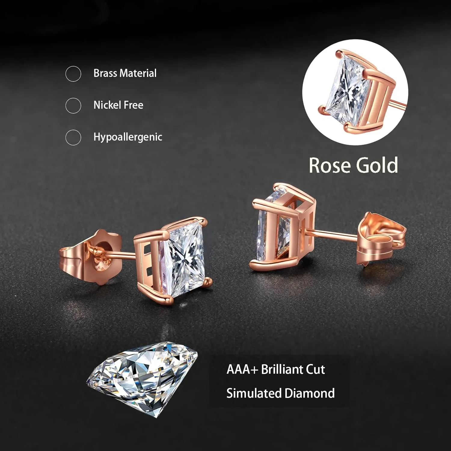 Gemsme 5 Pairs Princess Cut Cubic Zirconia Stud Earrings for Women/Men - 18K Gold Plated Hypoallergenic 3-7mm Square Clear CZ Earring Set