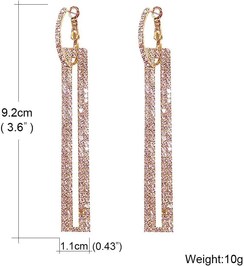 Geometric Rectangle Cubic Zirconia Rhinestone long Drop Dangle Earrings for women Hypoallergenic Pierced