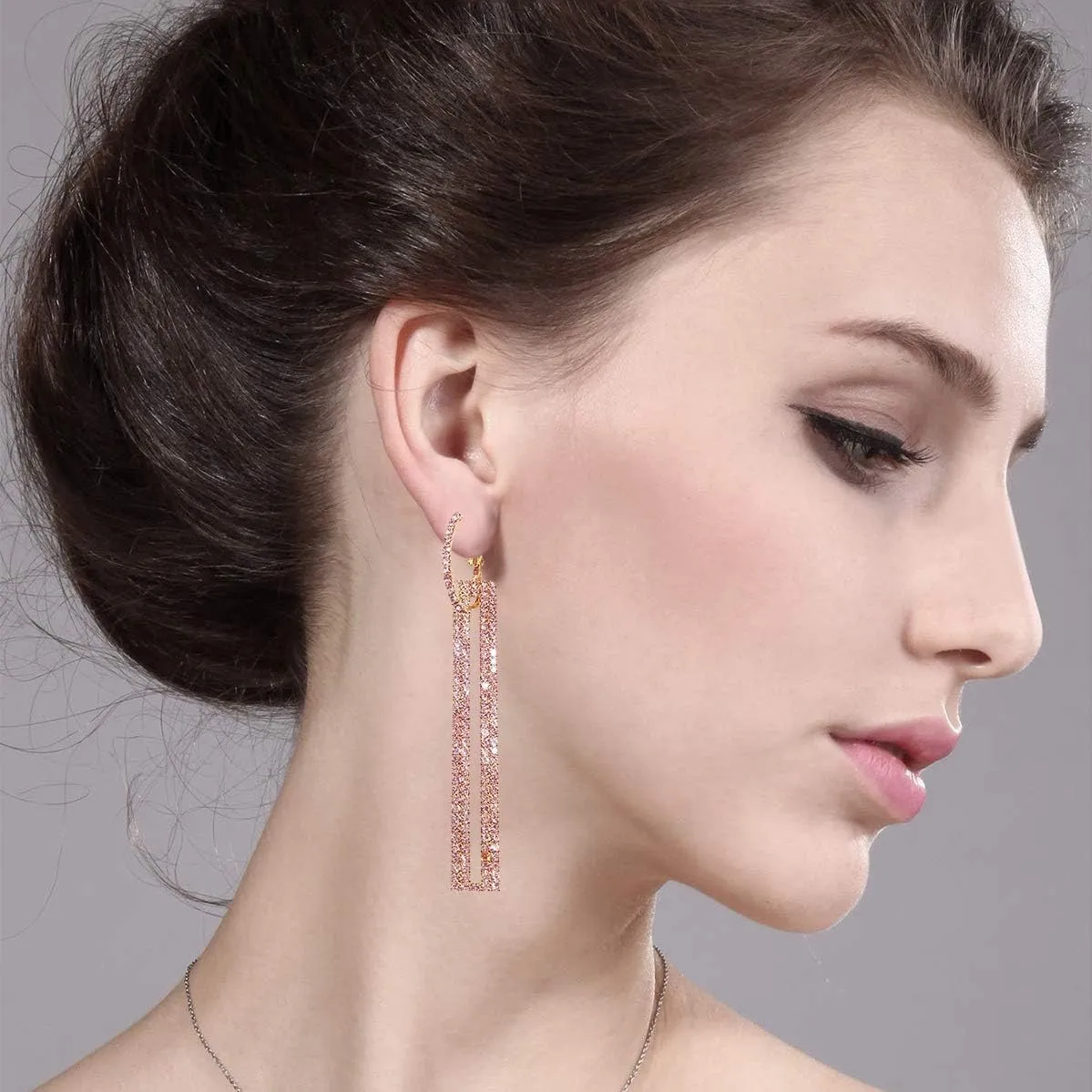 Geometric Rectangle Cubic Zirconia Rhinestone long Drop Dangle Earrings for women Hypoallergenic Pierced