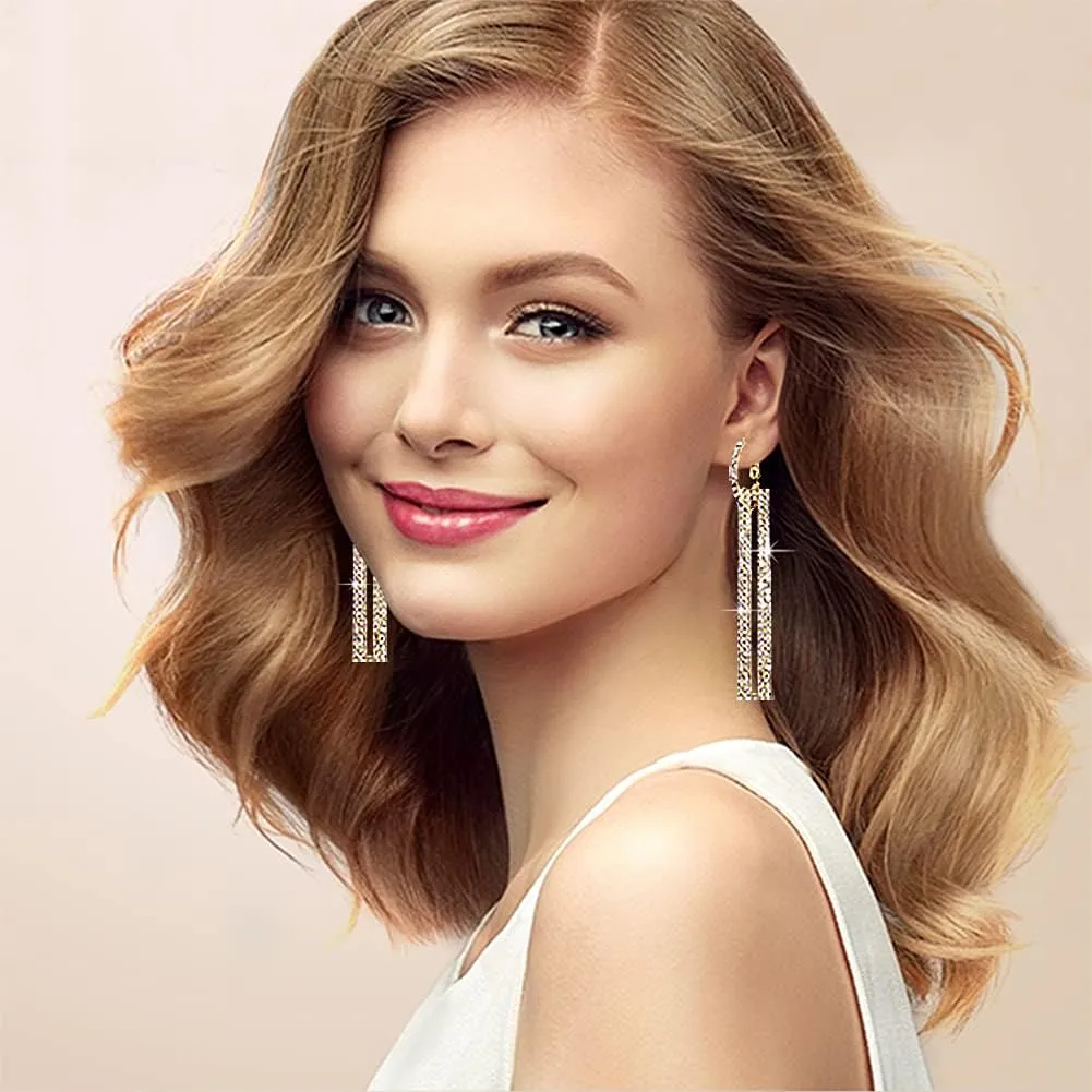 Geometric Rectangle Cubic Zirconia Rhinestone long Drop Dangle Earrings for women Hypoallergenic Pierced