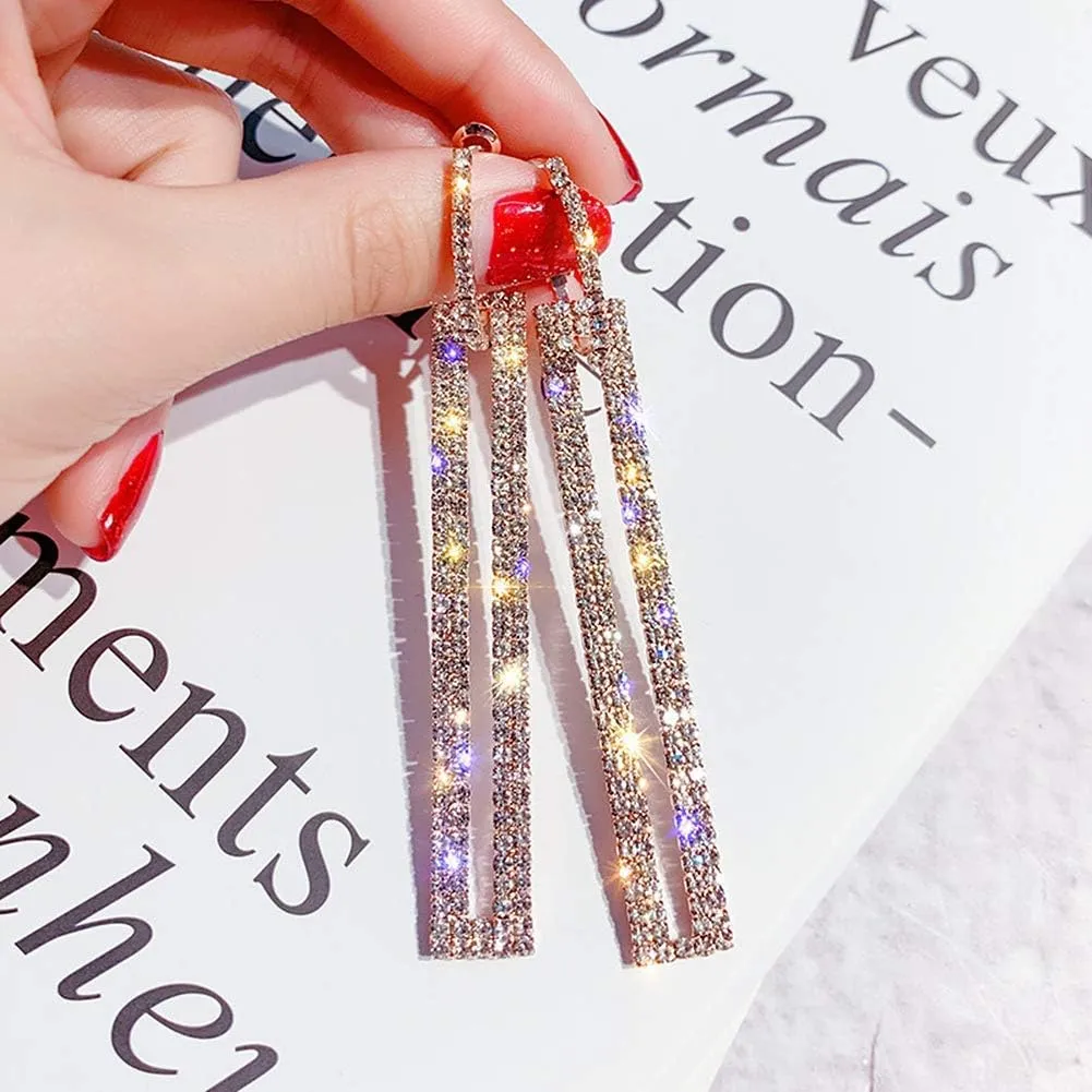 Geometric Rectangle Cubic Zirconia Rhinestone long Drop Dangle Earrings for women Hypoallergenic Pierced
