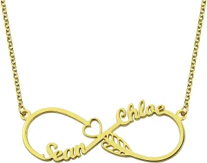 Getname Necklace Stylish Fashion Heart Cut-Out Leaf Designed Infinity Name Necklace Custom Made with Any 2 Name