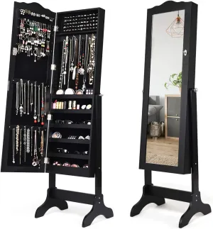 Giantex Jewelry Box Armoire with Mirror, Standing Jewelry Cabinet, 29 Necklace Holder Hooks Ring Earring Makeup Display Storage Organizer Gift Armoires for Girls Women Jewelry Cabinets, Black