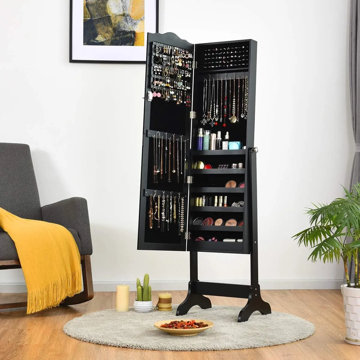 Giantex Jewelry Box Armoire with Mirror, Standing Jewelry Cabinet, 29 Necklace Holder Hooks Ring Earring Makeup Display Storage Organizer Gift Armoires for Girls Women Jewelry Cabinets, Black
