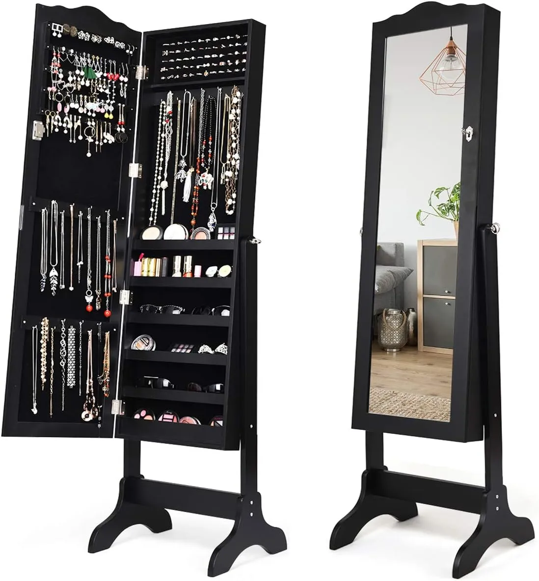 Giantex Jewelry Box Armoire with Mirror, Standing Jewelry Cabinet, 29 Necklace Holder Hooks Ring Earring Makeup Display Storage Organizer Gift Armoires for Girls Women Jewelry Cabinets, Black