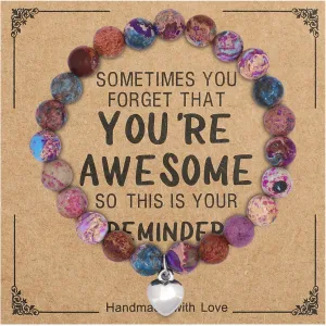 Gifts for Women Beaded Bracelets for Women,Sometimes You Forget You're Awesome Bracelets,Natural Stone Bracelet Christmas Graduation Inspirational Gifts For Her,Friendship Bracelets(Heart)