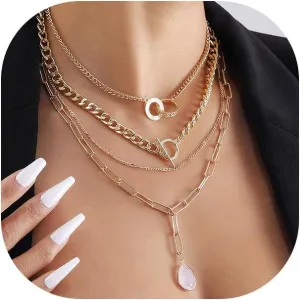 GIGB PBDK 4Pcs Layered Gold Necklace Sets,Acrylic Water Drop Pendant Necklace Paper Clip Chain Cuban Link Chain OT Clasp Necklace for Teen Girls