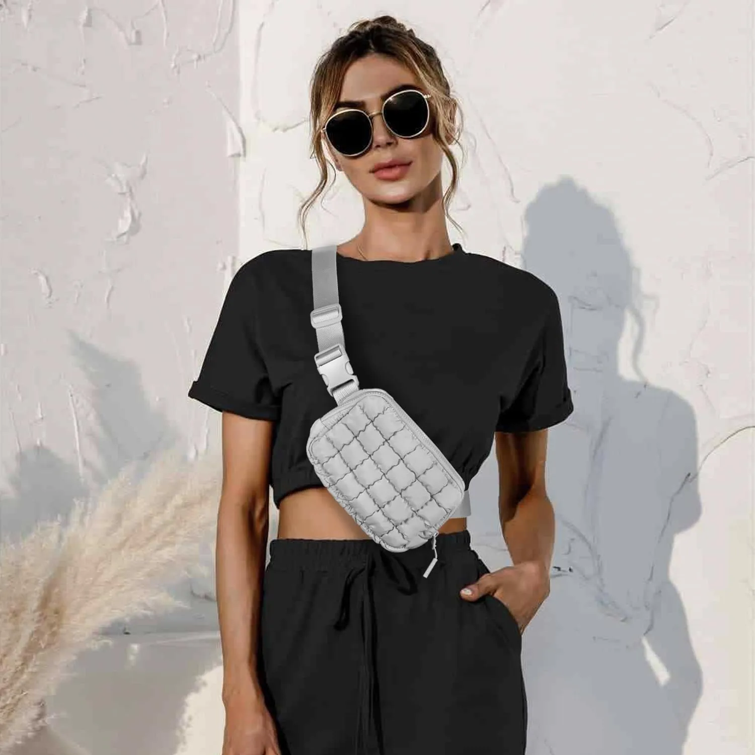 Gitus Trending Gifts for Women Puffer Crossbody Bags for Women Belt Bag Fanny Pack with Adjustable Straps Lightweight Quilted Puffy Bag Woman Gifts (Light Grey)