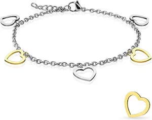 Gold and Steel Heart Dangling Charms 316L Stainless Steel Anklet/Bracelet