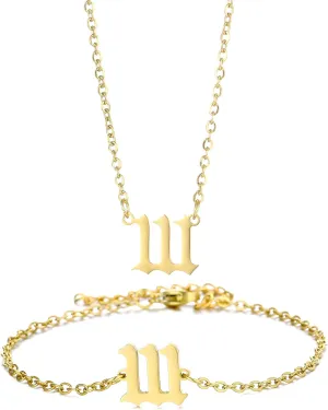 Gold Angel Number Necklace Bracelets for Women, 111 222 333 444 555 666 777 888 999 Dainty Pendants Necklace Bracelets Personalized Number Chain Necklace Bracelets set