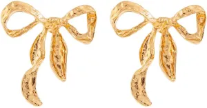 Gold Bow Stud Earrings, Textured Ribbon Design, Vintage Style