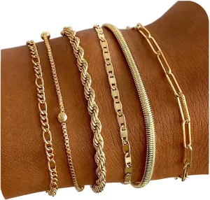Gold Bracelets for Women, 14K Gold Plated Jewelry Set Stackable Bracelets Dainty Layered Trendy Waterproof Link Chain