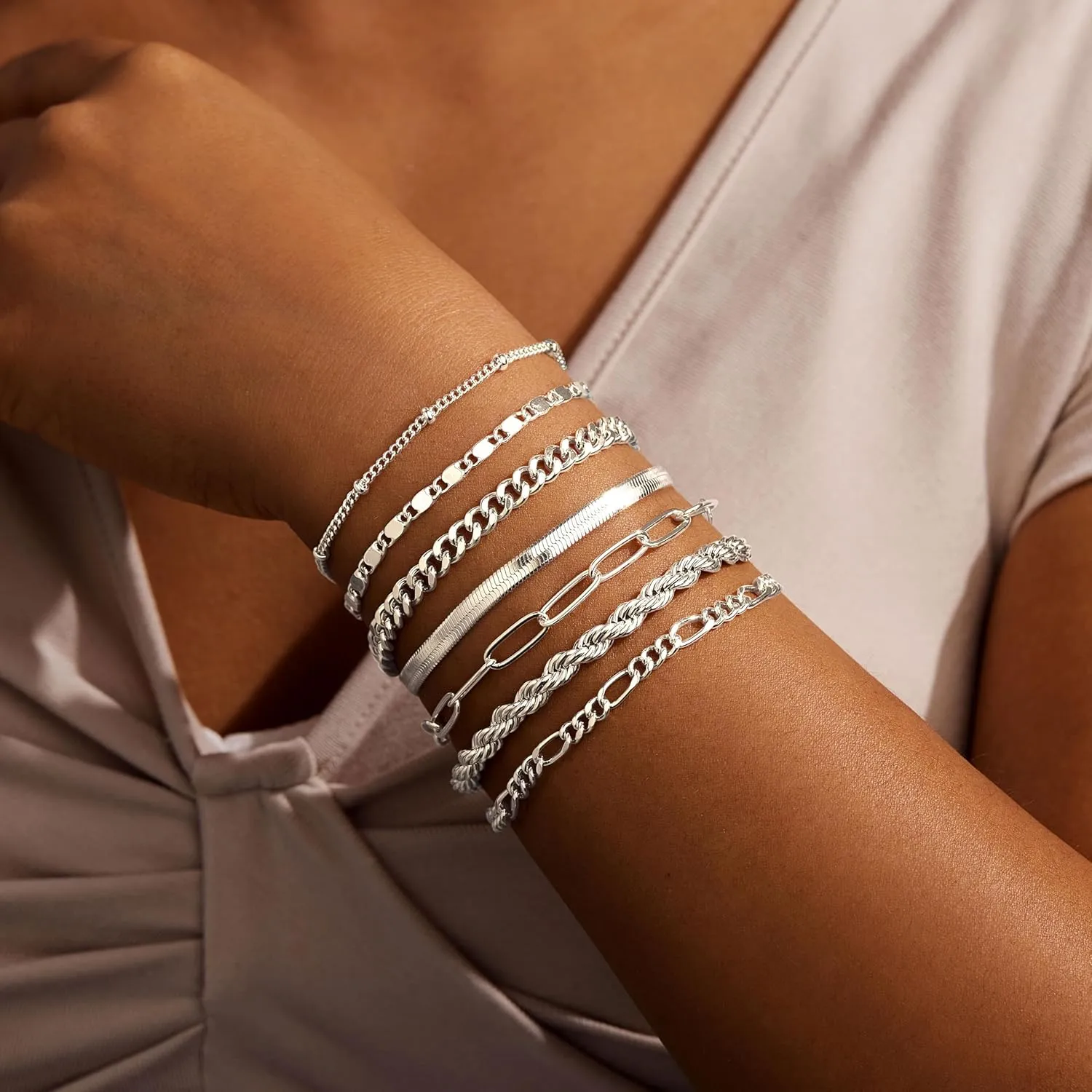 Gold Bracelets for Women, 14K Real Gold Dainty Layered Cuban Link Paperclip Chain Herribone Bracelets Cute Stackable Gold Chain Bracelet Set for Women Trendy Jewelry Gifts