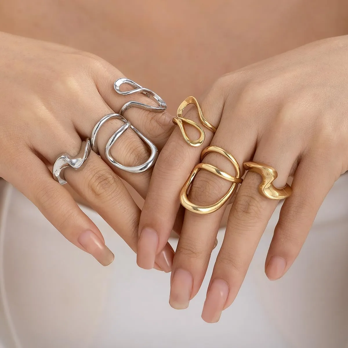 Gold Chunky Rings Set for Women Open Stacking Knuckle Ring Silver Adjustable Round Dome Rings Set Minimalist Irregular Statement Women Ring Jewelry