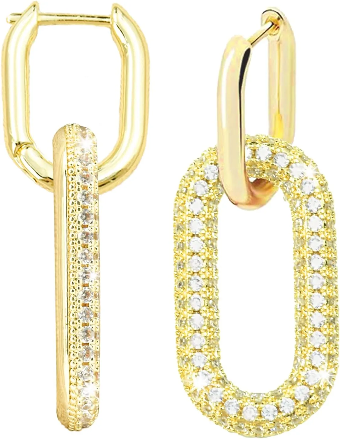 Gold Convertible Paperclip Link Earrings Gold Plated Paperclip Earrings Chain Link Dangle Hoops Earrings with Cubic Zirconia Gold Earrings for Women Trendy Jewelry-1.5 cm*4 cm