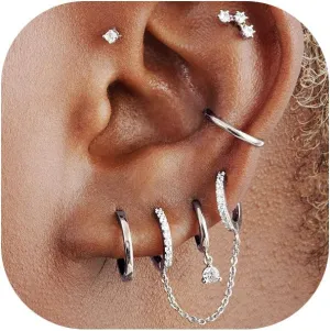 Gold Earrings Set for Women, 14K Gold Plated Stud and Cartilage Earring Sets for Multiple Piercing, Hypoallergenic Stackable Small Gold Huggie Hoop Earrings for Women Jewelry