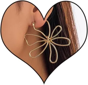Gold Flower Earrings for Women,Trendy Gold Large Flower Earrings Floral Earrings Dangle Chunky Gold Statement Earrings Jewelry