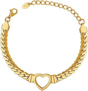 Gold Heart Bracelet for Women 18K Gold Plated Stainless Steel Love Heart Thick Chain Bracelet Adjustable Statement Jewelry